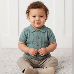🚨Perry Ellis Boys Teal Cable Knit Button Down Shirt with Khakis